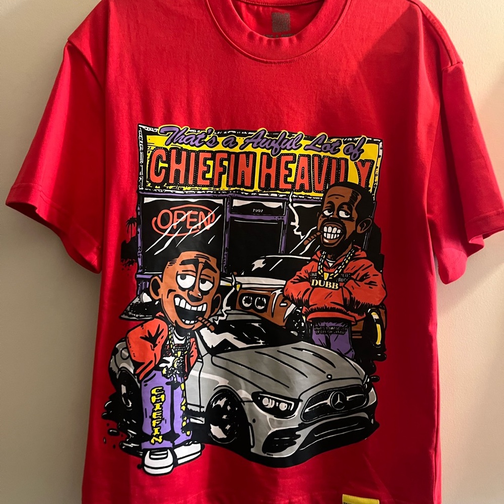 Red Graphic Short Sleeve Tee with Urban Car Print